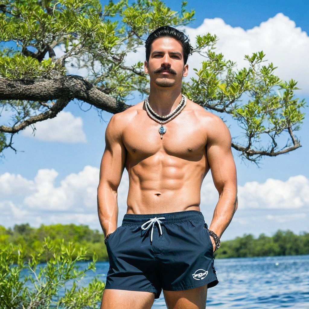 Muscular Man by Water in Swim Shorts