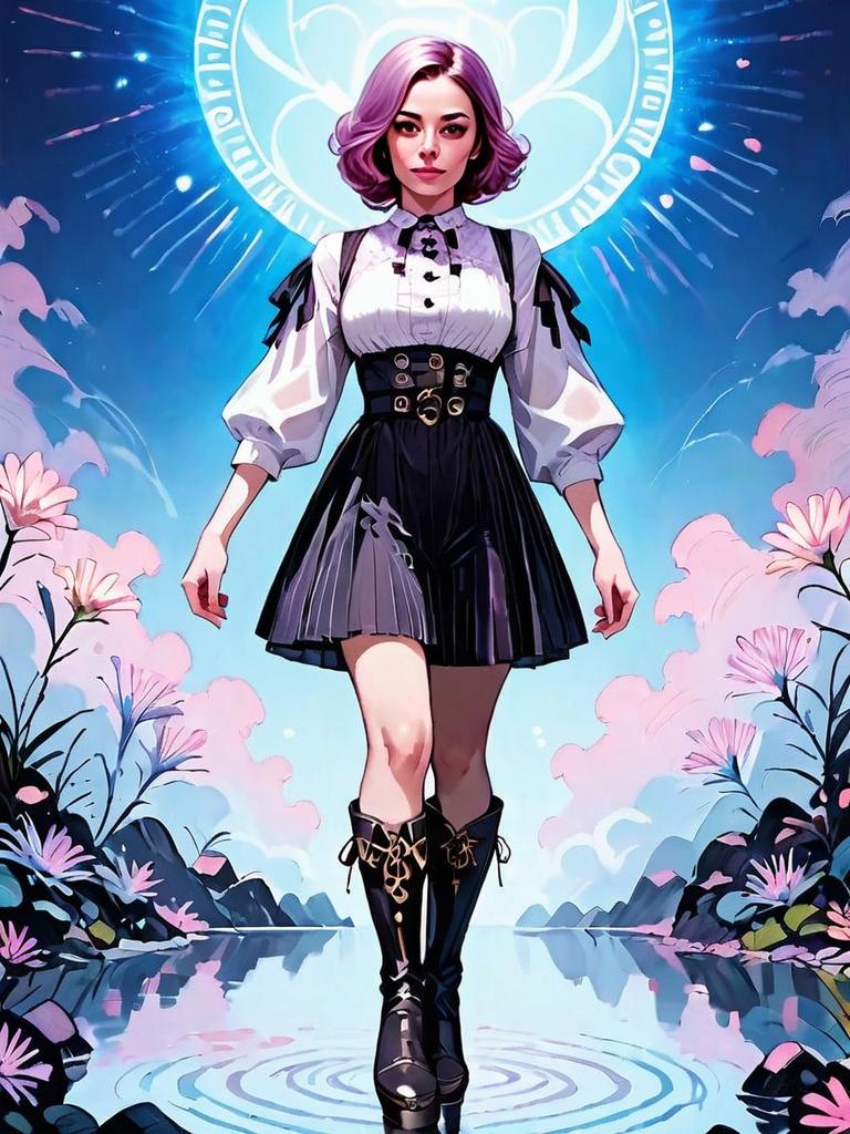 Dark Fantasy Woman Full Body Illustration Walking at Nighttime with Mystical Flowers