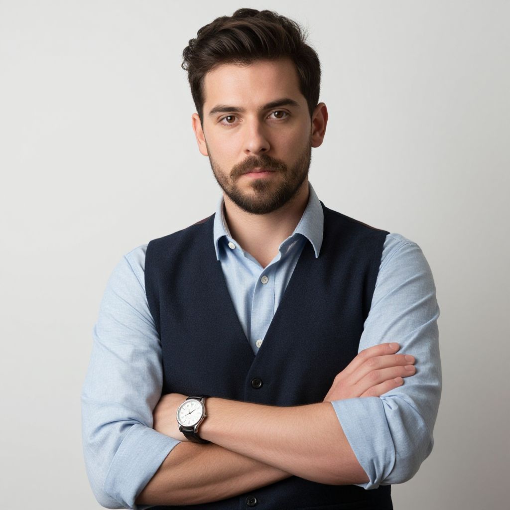 Confident Man in Light Blue Shirt and Dark Vest with Arms Crossed