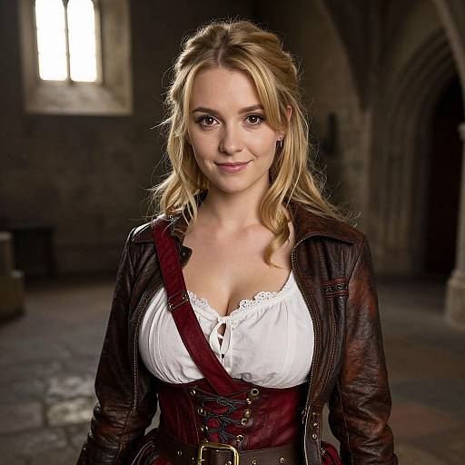 Young Woman in Medieval Corset and Leather Jacket Inside Historic Stone Building