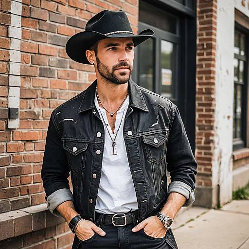 Stylish Man Wearing Cowboy Hat and Black Denim Jacket in Urban Setting