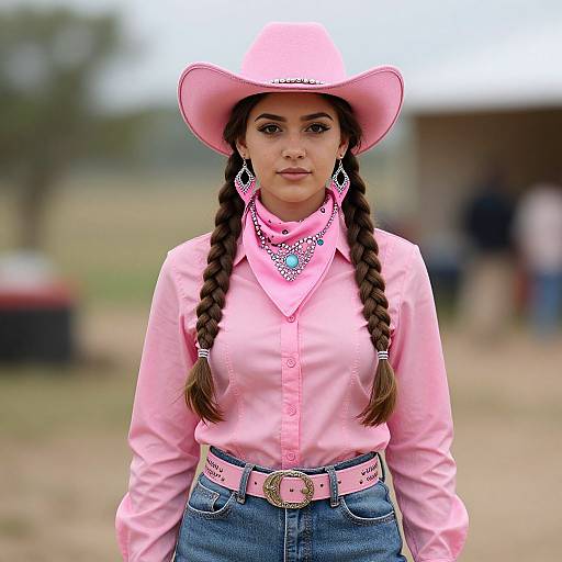 Young Woman in Pink Cowboy Outfit with Braids and Turquoise Accessories