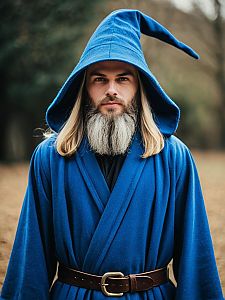 Man in Blue Wizard Robe with Long Beard and Hooded Cloak