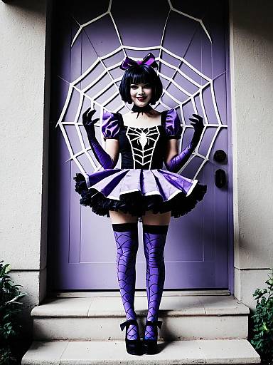 Woman in Purple Spider-Themed Costume with Web Background