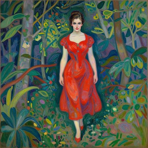 Woman in Red Dress Walking Through Abstract Forest Painting