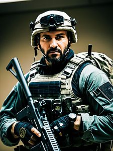 Man in Tactical Military Gear with Rifle