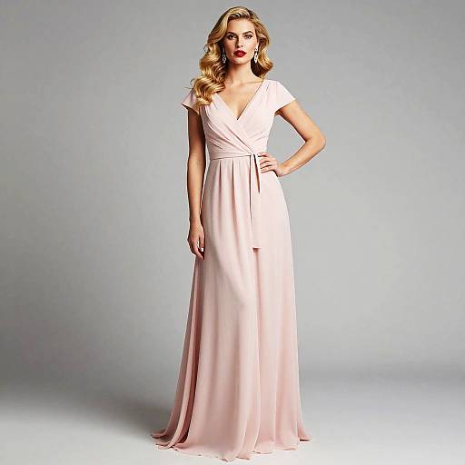 Elegant Woman in Pale Pink Wrap Evening Gown