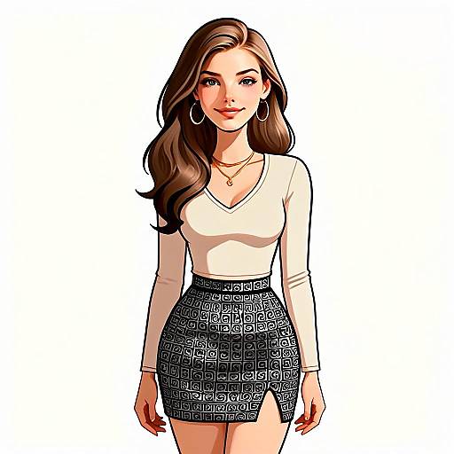 Stylish Woman with Long Hair in Beige Top and Patterned Mini Skirt