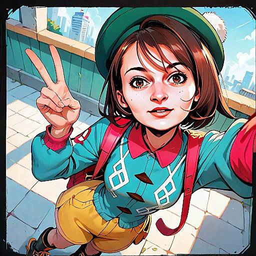 Anime Girl Taking Selfie Outdoors in Colorful Outfit