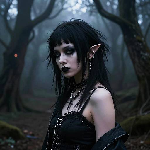Gen Z Gothic Woman with Elf Ears in Moody Forest