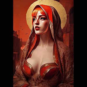 Red-Haired Woman in Ornate Robe with Halo Digital Artwork