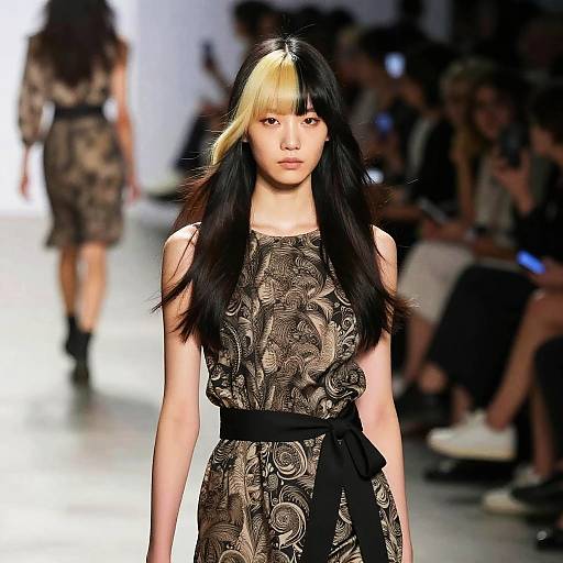 Gen Z Model with Dual Tone Hair in Paisley Dress on Fashion Runway