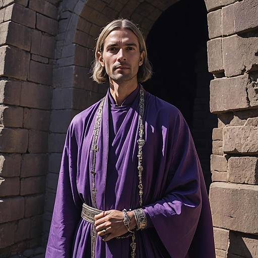 Man in Royal Purple Robe with Silver Embellishments by Ancient Stone Archway