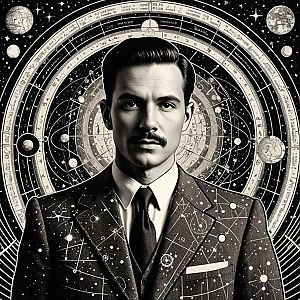 Monochrome Portrait of Man with Celestial Astrology Background