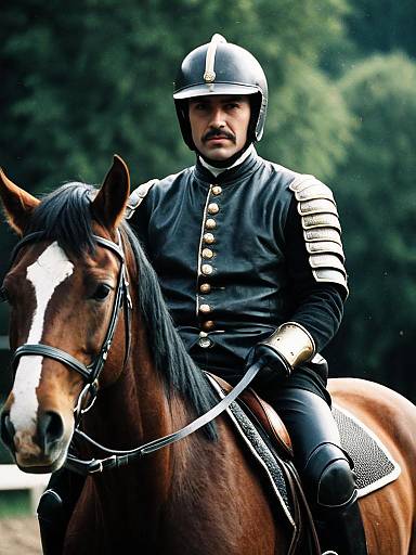 Man in Detailed Horse Rider Costume on Brown Horse Cinematic Portrait
