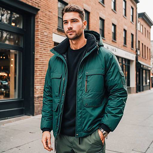 Young Man in Green Winter Jacket Walking on Urban Street
