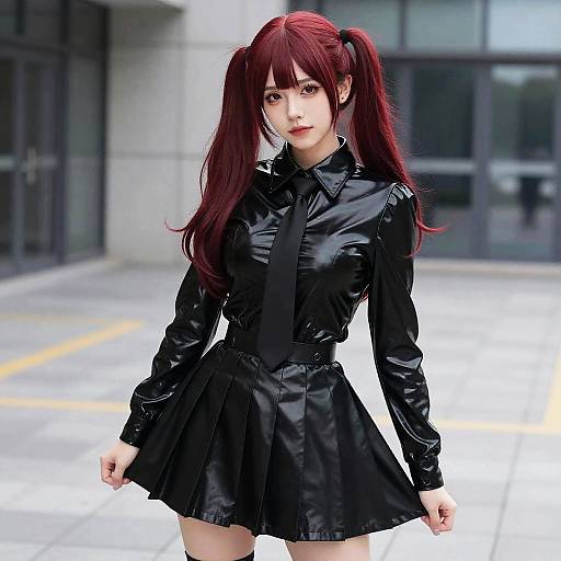 Young Woman in Black Leather Outfit with Red Twin-Tail Hair Gen Z Style