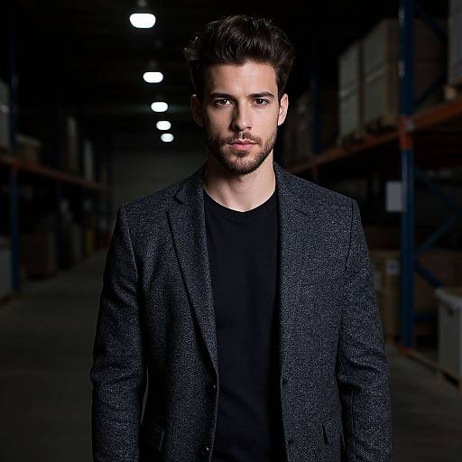 Confident Young Man in Warehouse Wearing Gray Blazer