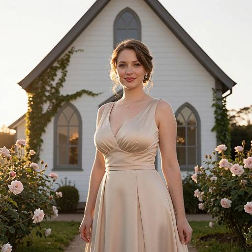 Elegant Woman in Satin Dress Outside White Chapel with Roses