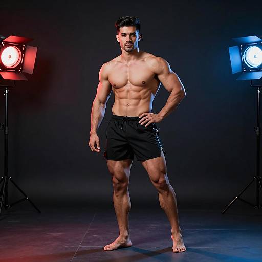 Muscular Man Posing in Studio with Colored Lighting