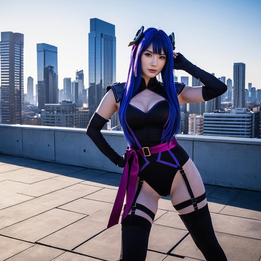 Vibrant Blue-Haired Woman Cosplay on Urban Rooftop with City Skyline