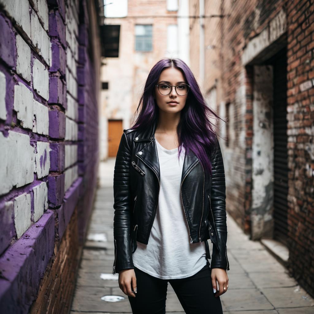 Young Woman with Purple Hair and Leather Jacket in Urban Alleyway