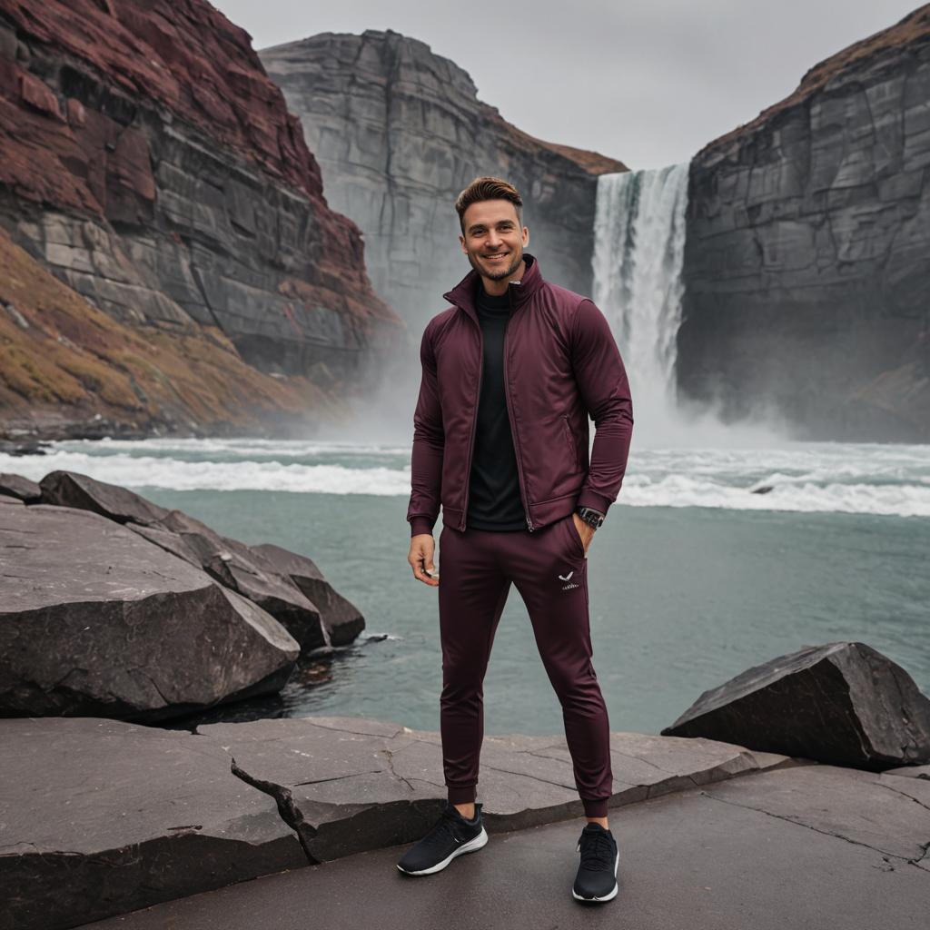 Confident Man in Athletic Wear by Waterfall