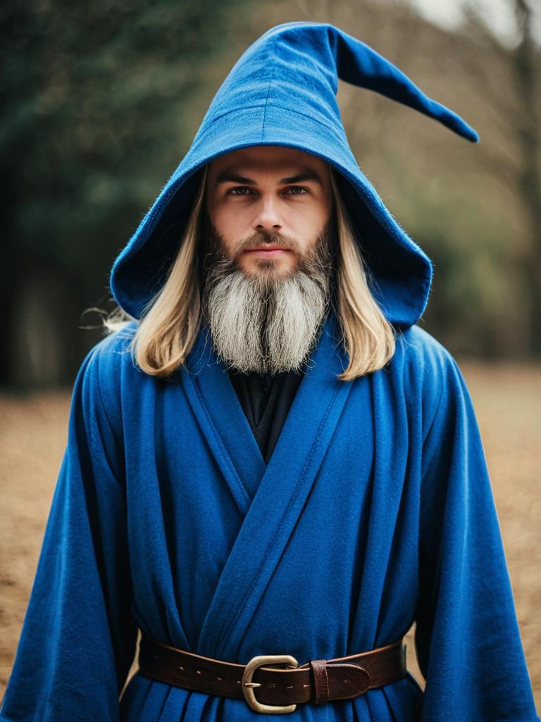 Man in Blue Wizard Robe with Long Beard and Hooded Cloak Man in Blue Wizard Robe with Long Beard and Hooded Cloak