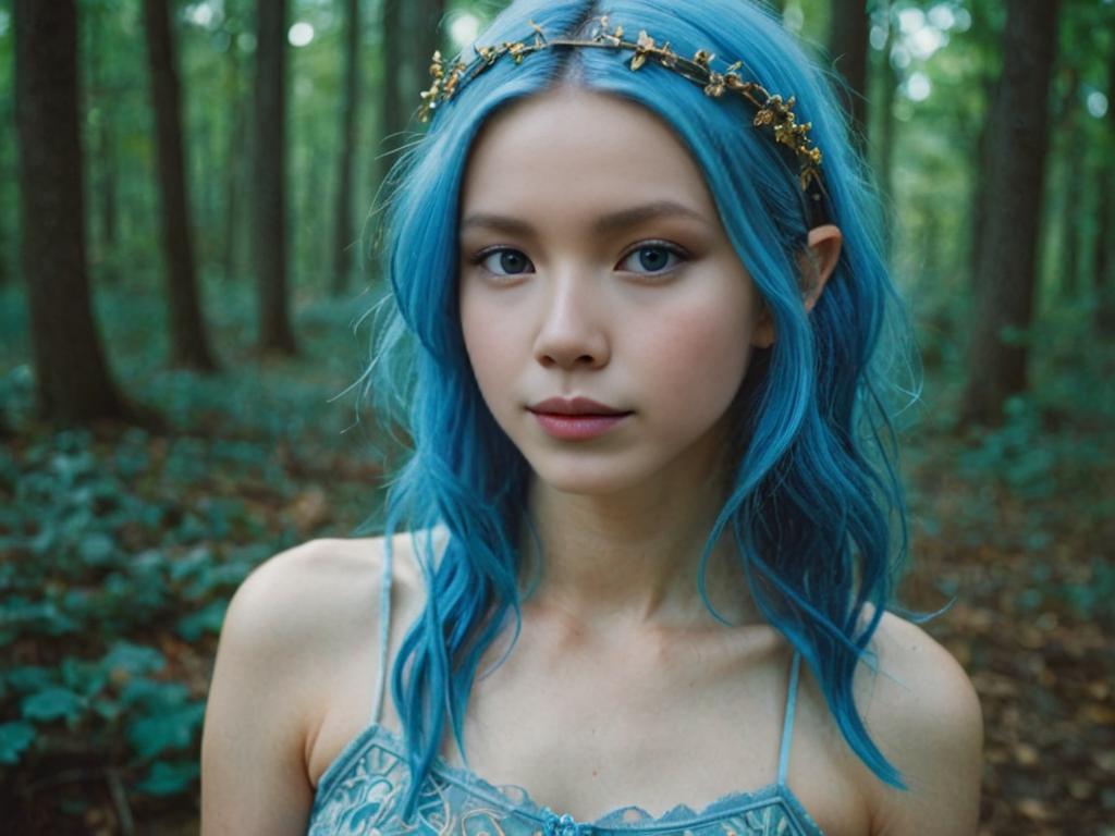 Portrait of a Young Woman with Blue Hair and Golden Headpiece