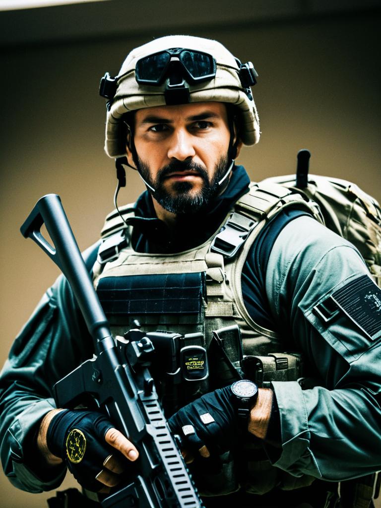 Man in Tactical Military Gear with Rifle