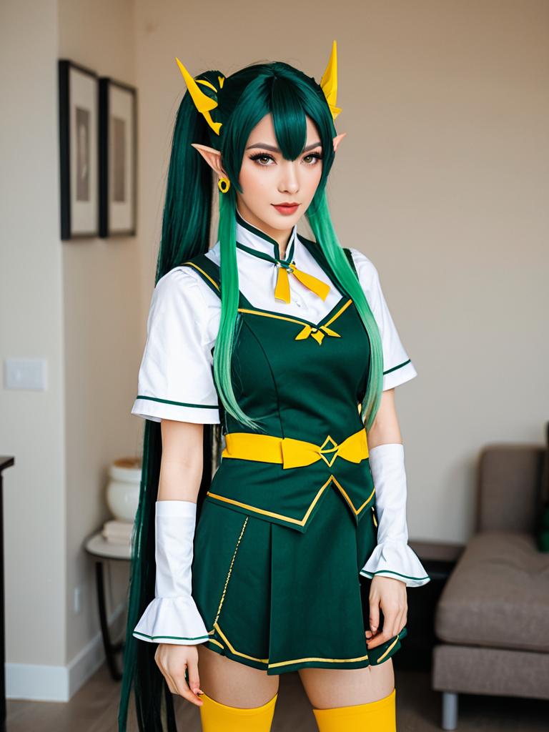 Hanabatake Chaika Cosplay with Green Hair and Fantasy Outfit