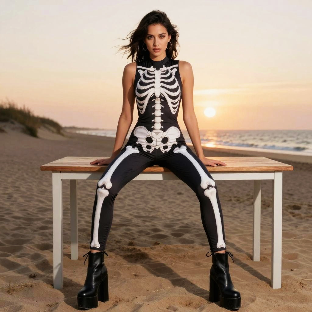 Svelte Woman Wearing Edgy Skeleton Print Jumpsuit at Beach Sunset