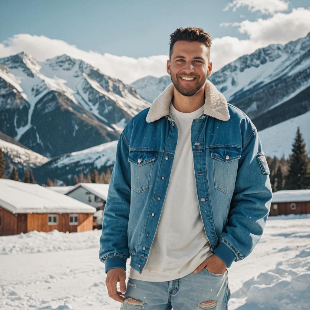 Man in Denim Jacket in Snowy Mountain Setting