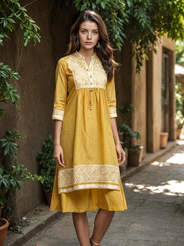 Young Woman in Yellow Dress Surrounded by Greenery