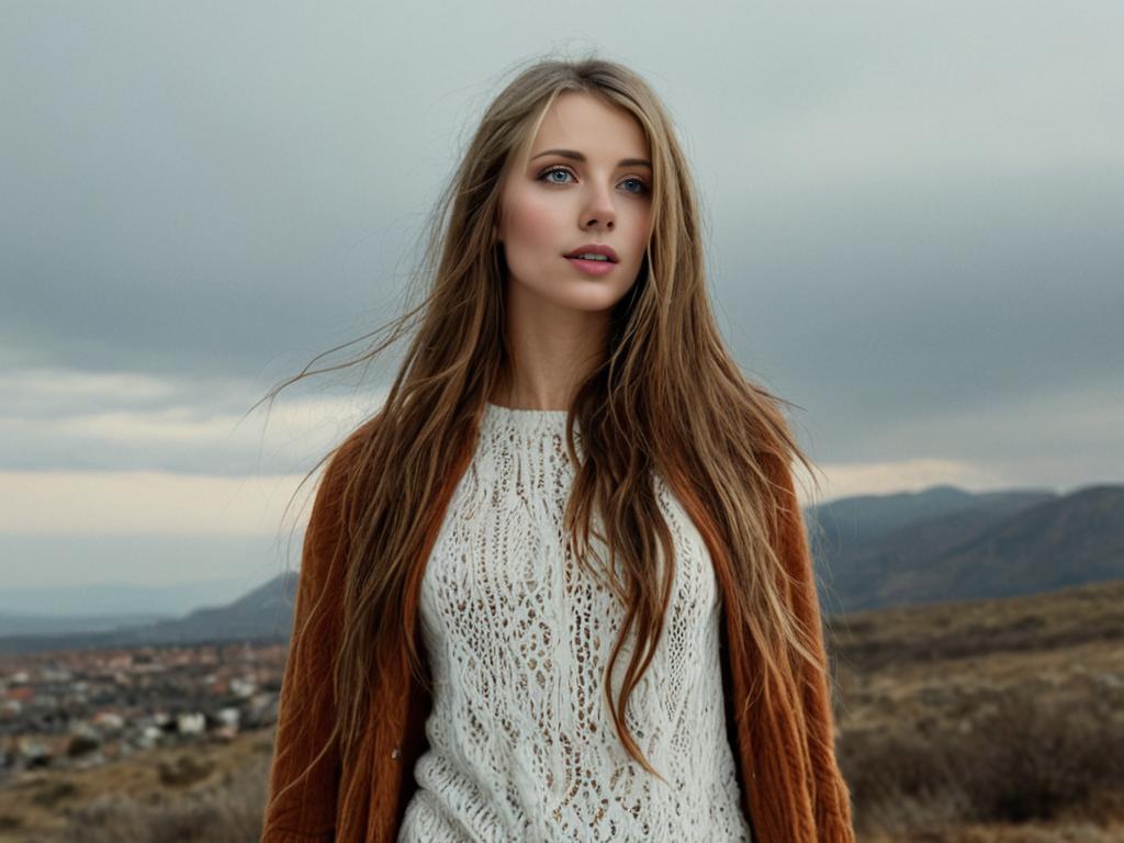 Serene woman in white sweater and orange coat under moody sky