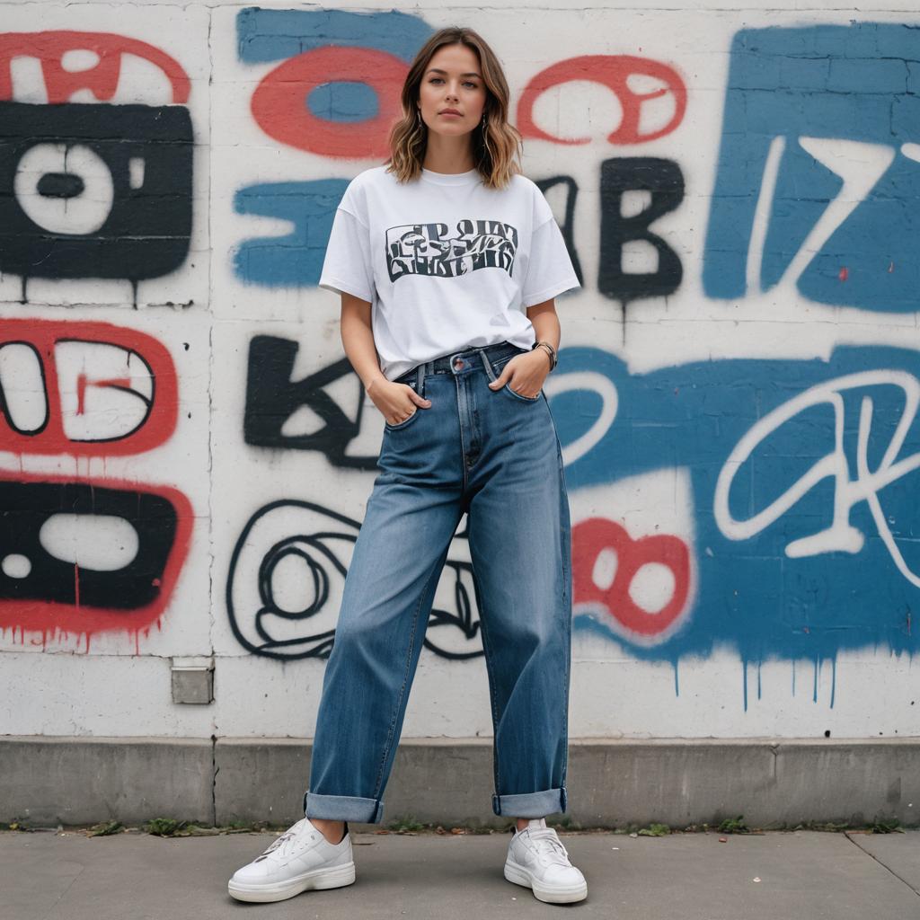 Young Woman in Casual Streetwear by Graffiti Wall