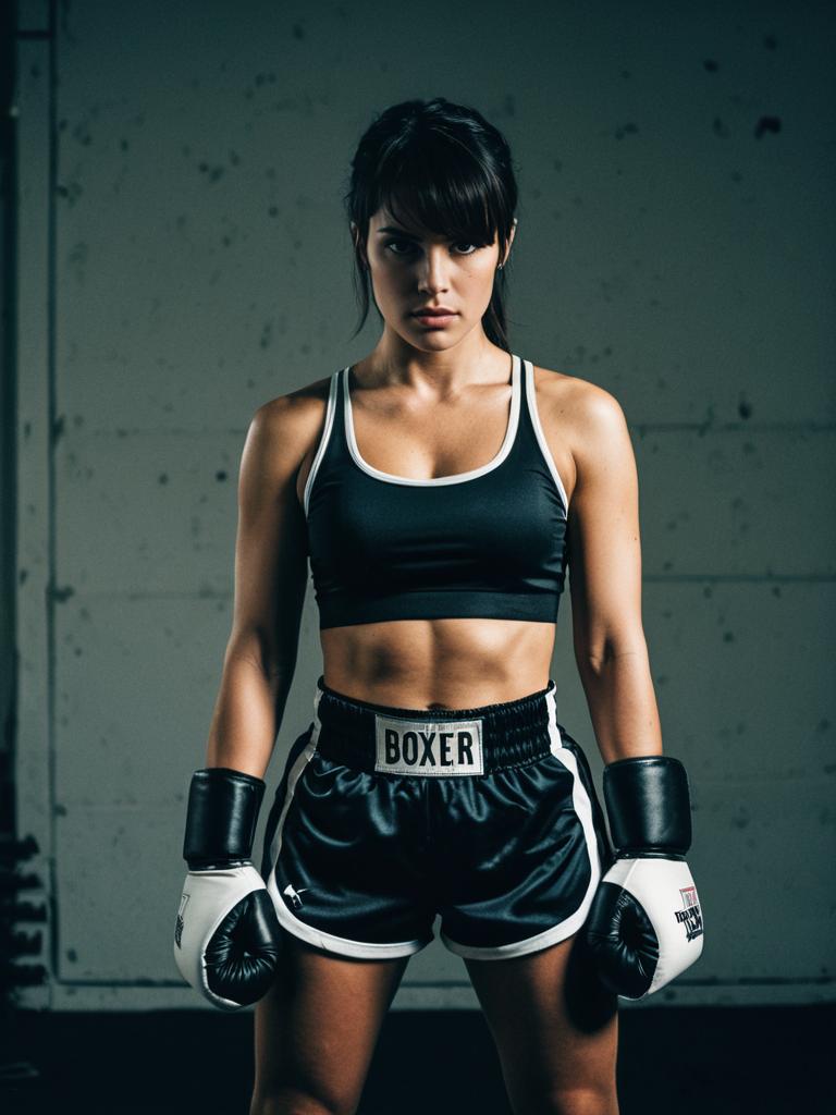 Female Boxer in Cinematic Realism Sports Costume Standing Ready