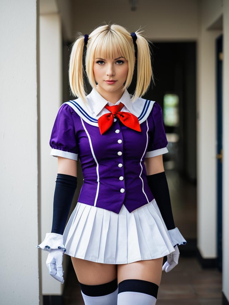 Woman in Purple and White Sailor Cosplay Costume with Red Bow