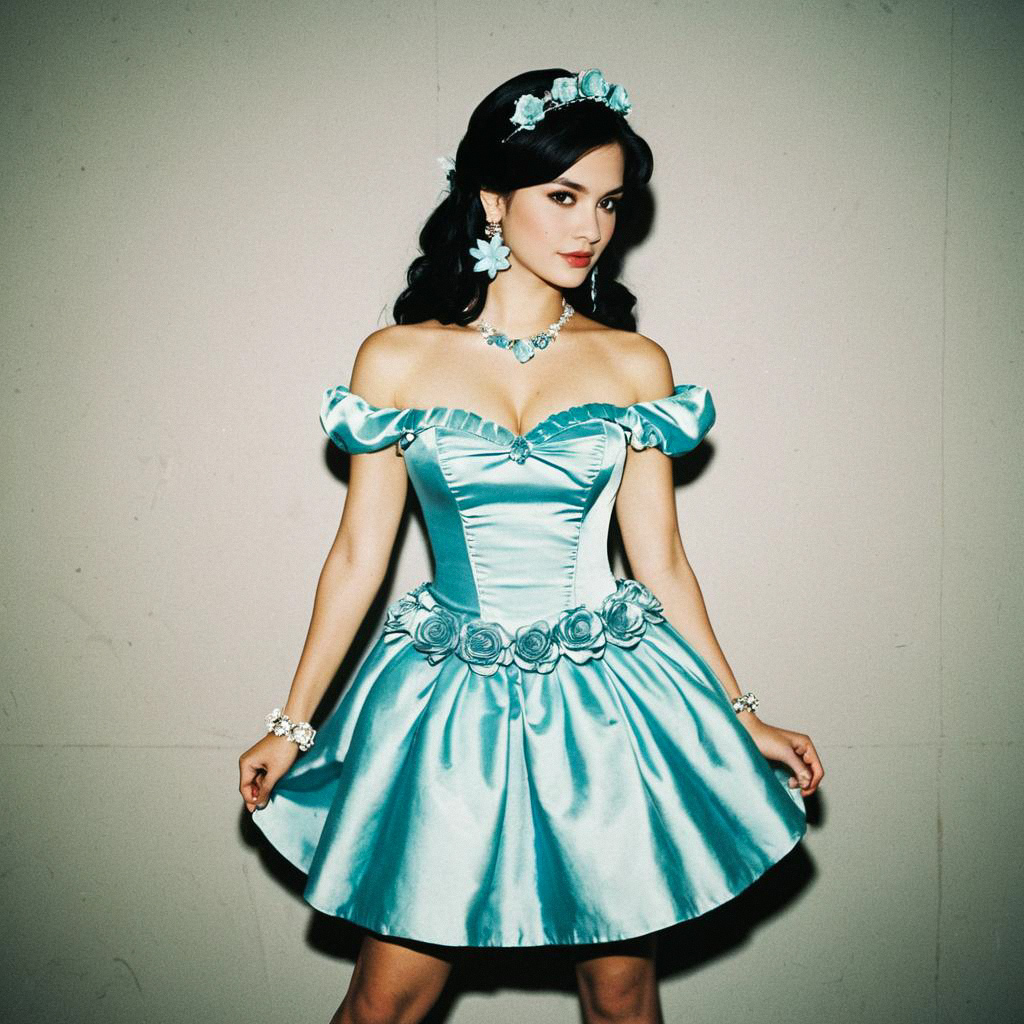 Elegant Woman in Teal Off-Shoulder Party Dress
