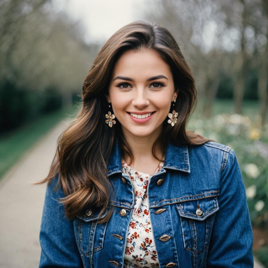 Smiling Woman in Denim Jacket and Floral Dress Smiling Woman in Denim Jacket and Floral Dress