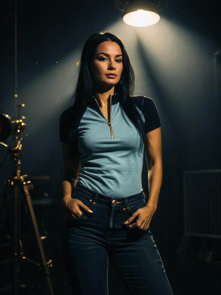 Confident Woman in Light Blue Fitted Sporty T-Shirt with Short Black Raglan Sleeves