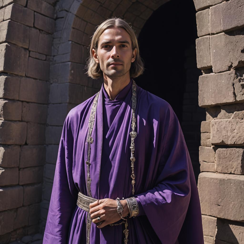 Man in Royal Purple Robe with Silver Embellishments by Ancient Stone Archway