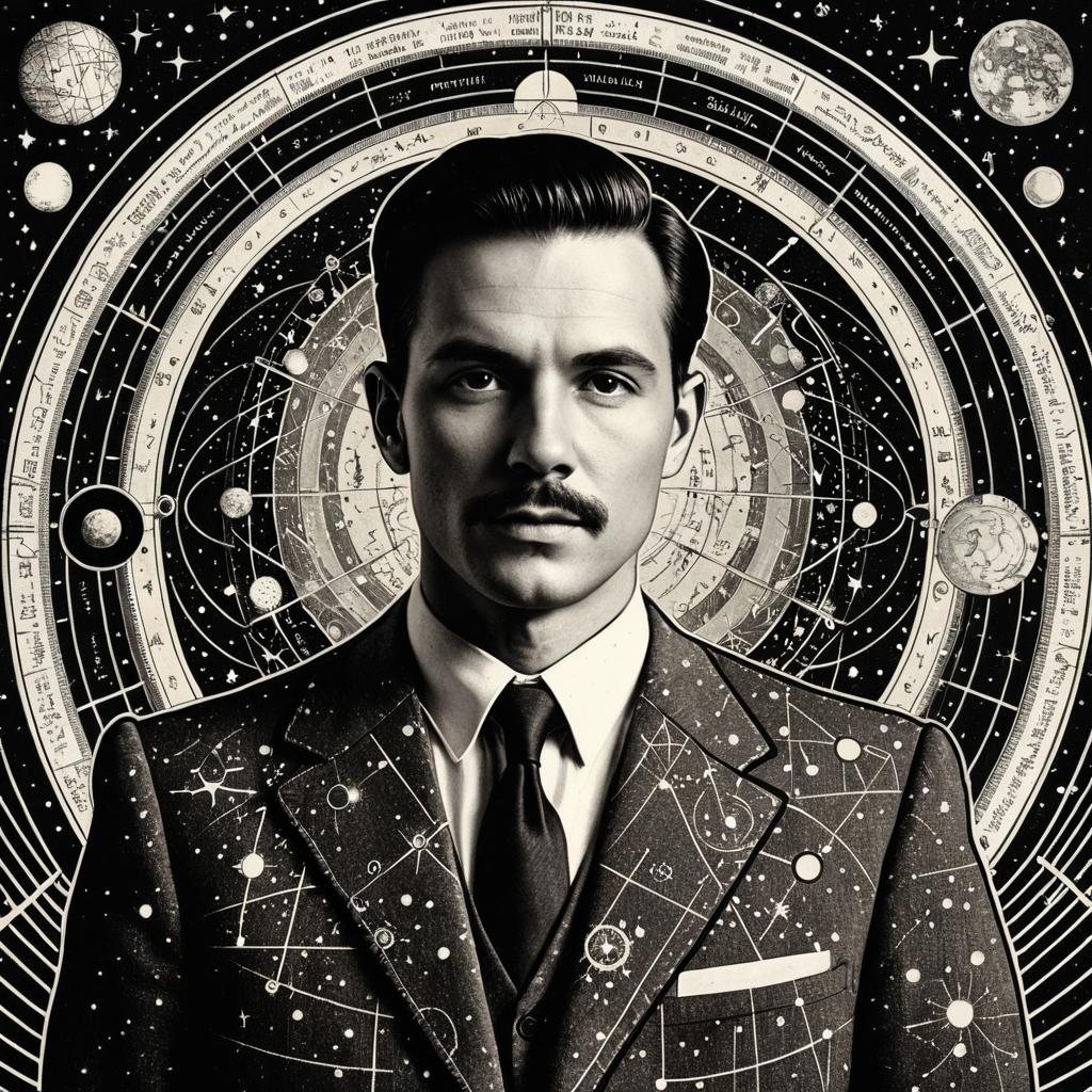 Monochrome Portrait of Man with Celestial Astrology Background Monochrome Portrait of Man with Celestial Astrology Background