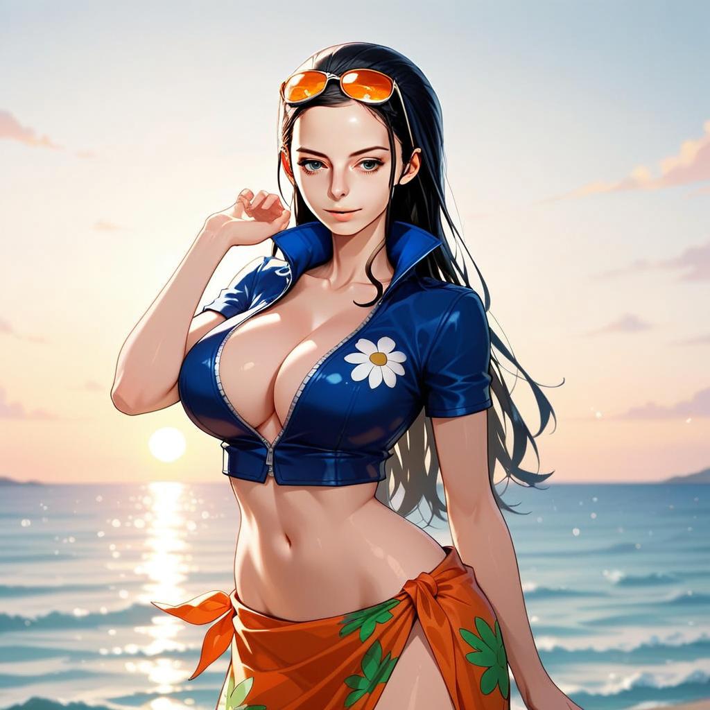 Anime Woman in Beachwear by the Sunset Sea Illustration