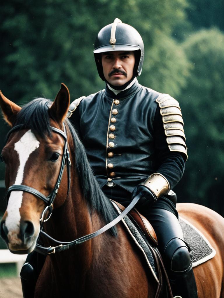 Man in Detailed Horse Rider Costume on Brown Horse Cinematic Portrait