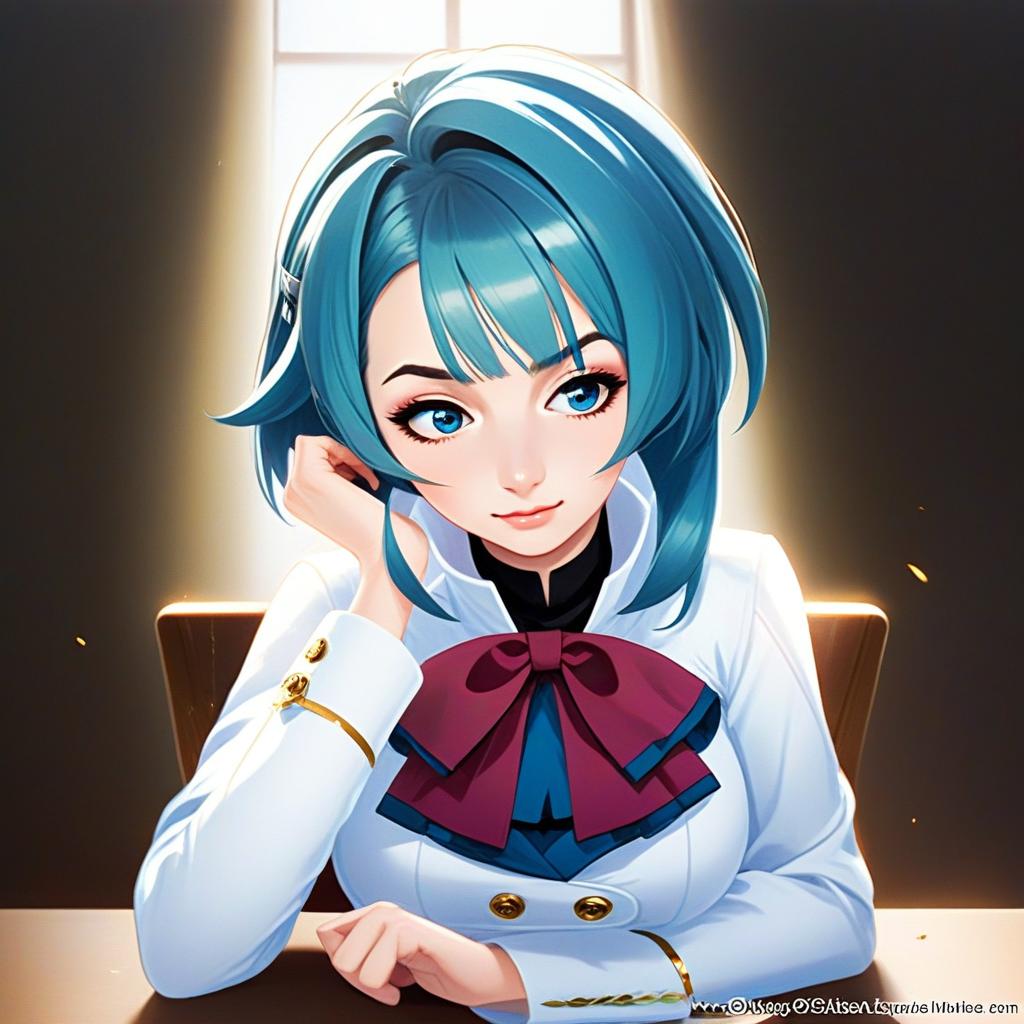 Young Woman with Blue Hair in Anime Style Digital Portrait