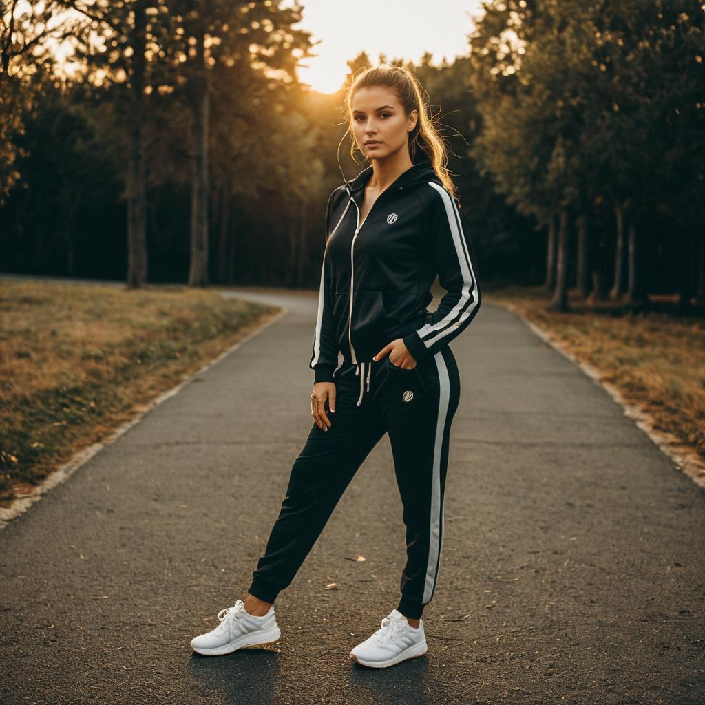 Young Woman in Black Tracksuit on Forest Path at Sunset